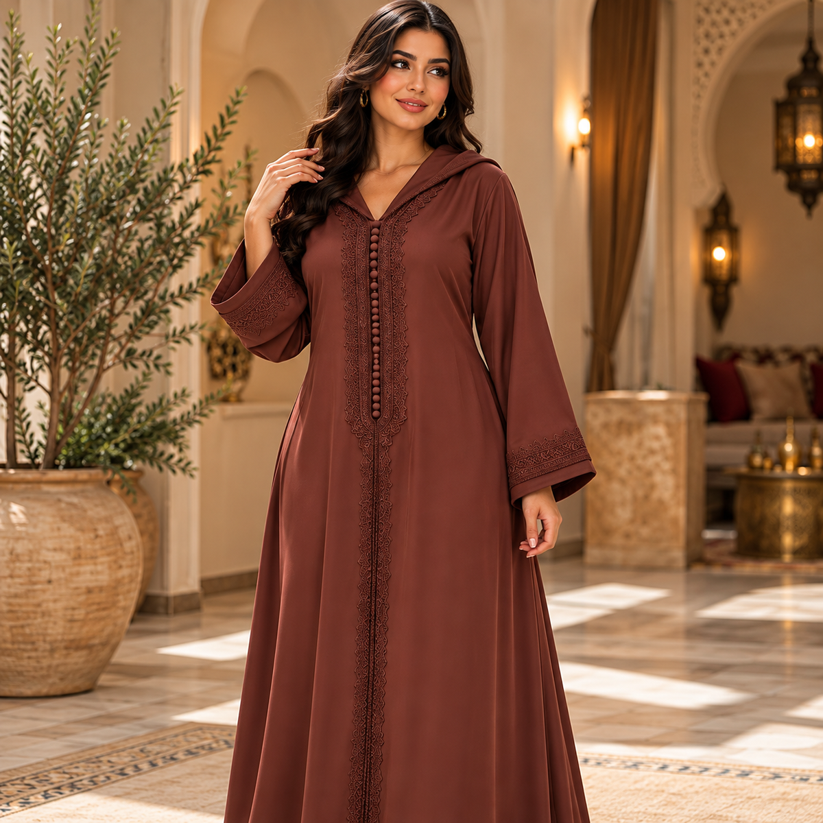 Djellaba Marocaine Brodée – Marron Chocolat