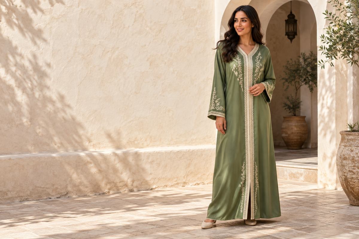 Visuel d’ambiance généré — tenue traditionnelle marocaine féminine : caftan. Modèle illustratif.
