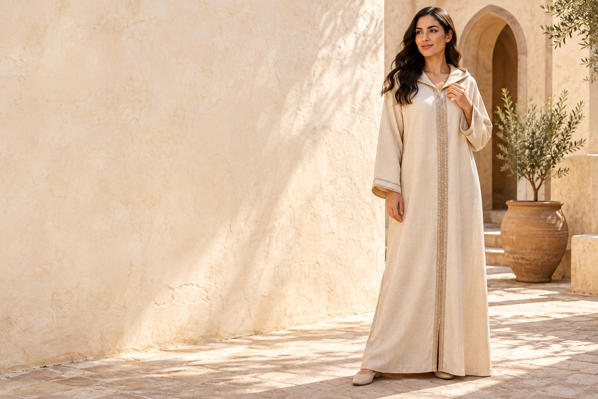 Visuel d’ambiance généré — tenue traditionnelle marocaine féminine : djellaba. Modèle illustratif.