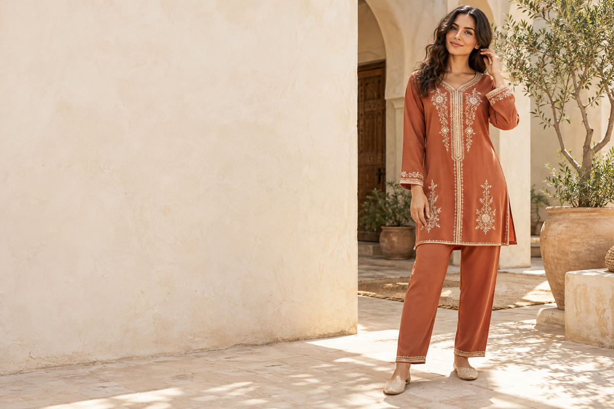 Visuel d’ambiance généré — tenue traditionnelle marocaine féminine : jabador. Modèle illustratif.