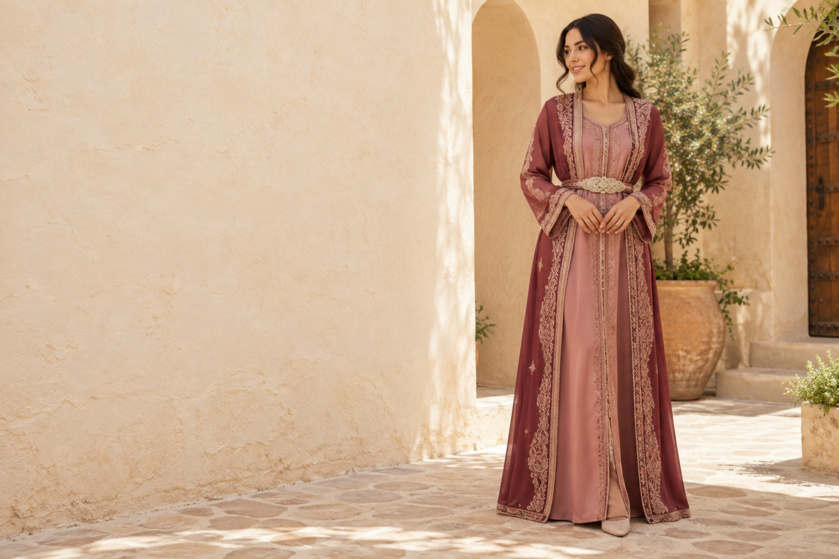 Visuel d’ambiance généré — tenue traditionnelle marocaine féminine : takchita. Modèle illustratif.